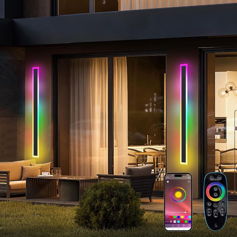 Photo 1 of Outdoor RGB Long Wall Lights, 47.2inch 2 Pack RGB/Warm/White Dimmable Modern Led Wall Lighting, Ip65 Waterproof Long Wall Sconce with Remote and APP Control for Outdoor/Indoor Party Gathering
