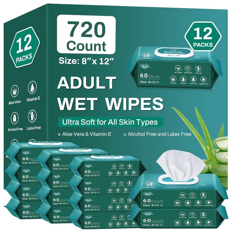 Photo 1 of [720 Count] Adult Wipes for Incontinence, 8" x 12" Extra Large Wet Wipes for Incontinence & Cleansing, Body Wipes Bath Wipes - Disposable Washcloths for Elderly - Vitamin E & Aloe
