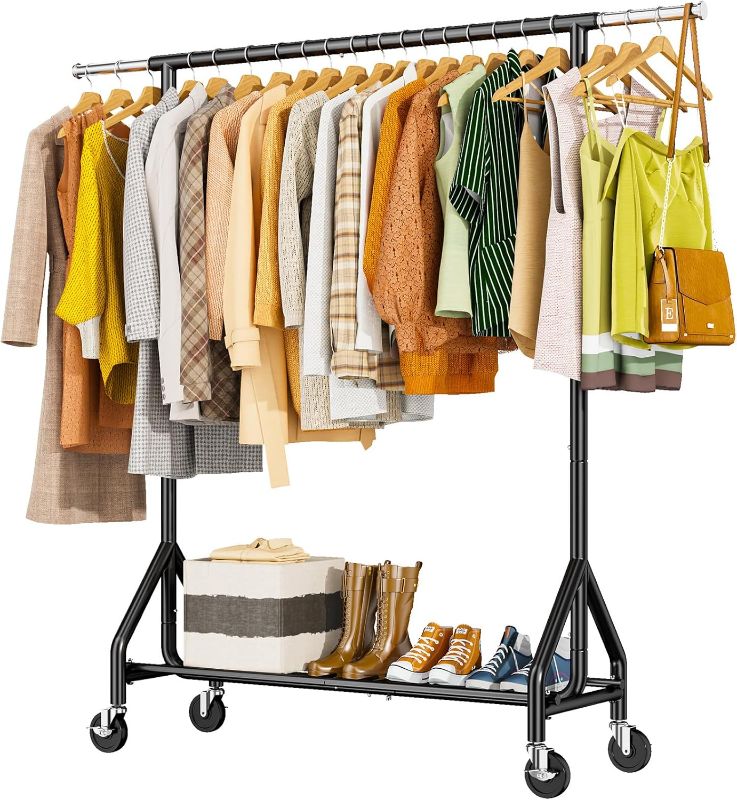 Photo 1 of Heavy Duty Clothes Rack Load 450 LBS, Metal Garment Rack, Standing Rolling Clothing Rack for Hanging Clothes with Sturdy Wheels & Shelves, Portable Closet Wardrobe Rack,Black