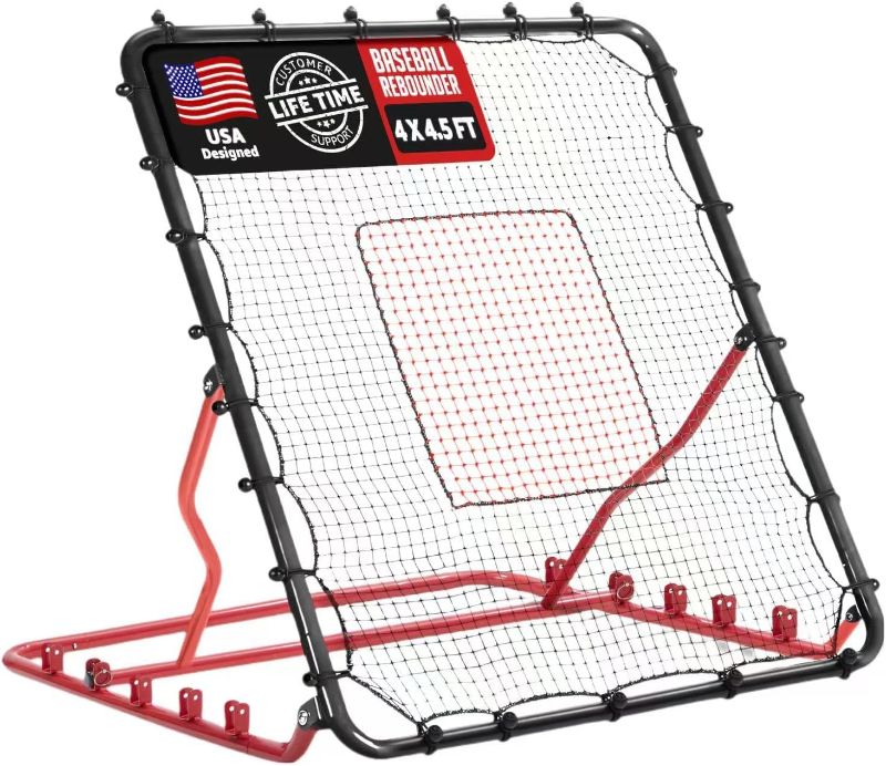 Photo 1 of Baseball Rebounder Net, 5 Adjustable Angles 4x4.5FT Pitch Back Baseball Softball Volleyball Rebounder with 2 Strike Zones, UV Resistant, Pitchback Trainer for Ground, Line Drive & Fly Balls