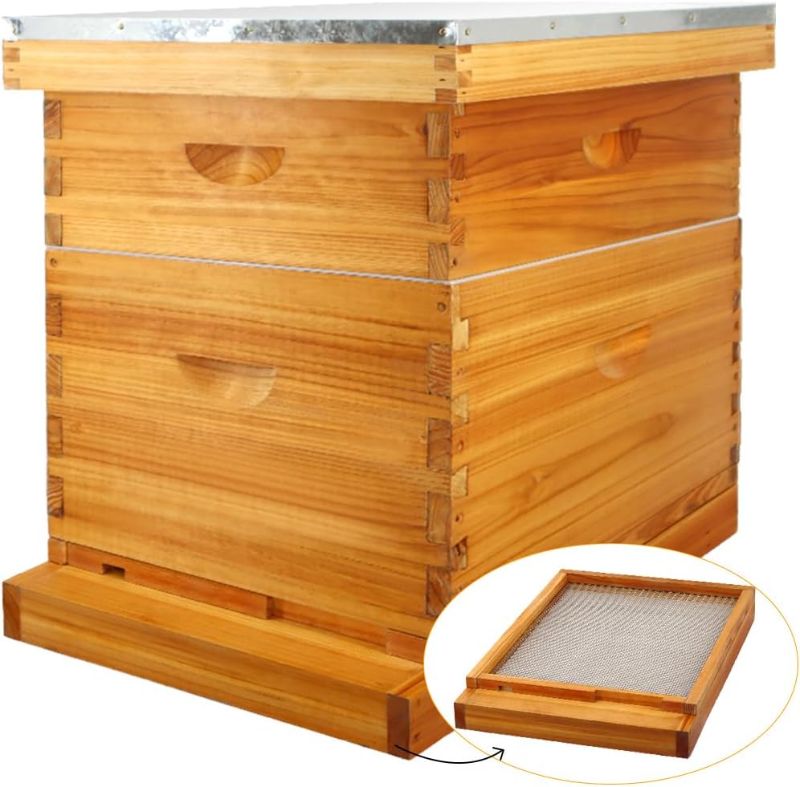 Photo 1 of MayBee 10 Frame Screened Bottom Board Beehive Dipped in 100% Beeswax, Bee Hives Kit Includes 1 Deep Boxes & 1 Medium Box with Beehive Frames and Wax Foundations. Preferred for Summer