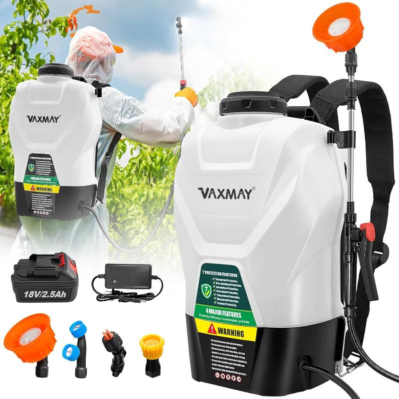 Photo 1 of Backpack Sprayer 4 Gallon Battery Powered Garden Sprayer, VaxMay Electric Sprayer Works with Makita 18V Battery, Battery Weed Sprayer 75 PSI, Telescopic Wand, 5 Nozzles, 2.5Ah Battery&Charger included

