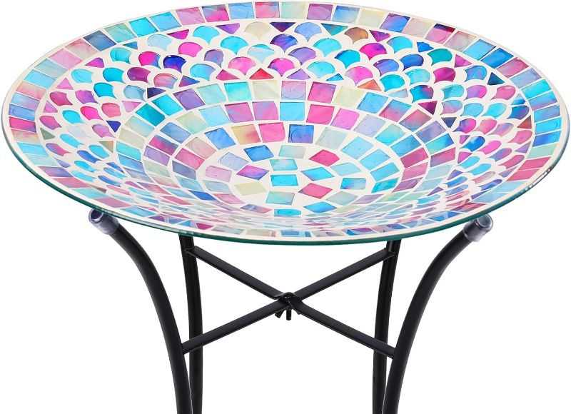 Photo 1 of VCUTEKA Bird Baths for Outdoors, Mosaic Bird Bath with Metal Standing for Garden, Yards Patio Décor, Bird Lovers Gift, Glass Birdbath Detachable (20" H * 14" W)
