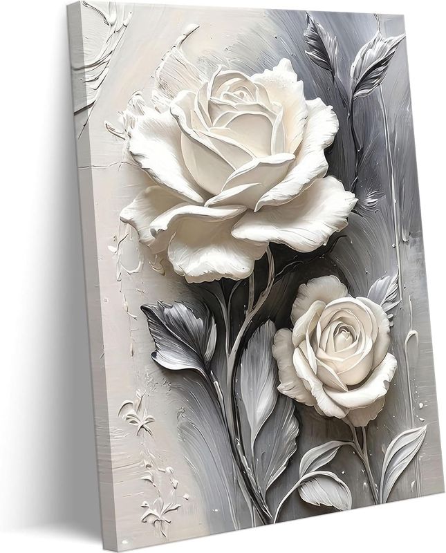 Photo 1 of Elegant White Rose Canvas Art Modern Abstract Floral Wall Decor Picture White Blooming Flowers Poster Print Painting for Office Living Room Bedroom Bathroom Home Decorate Prepare To Hang
