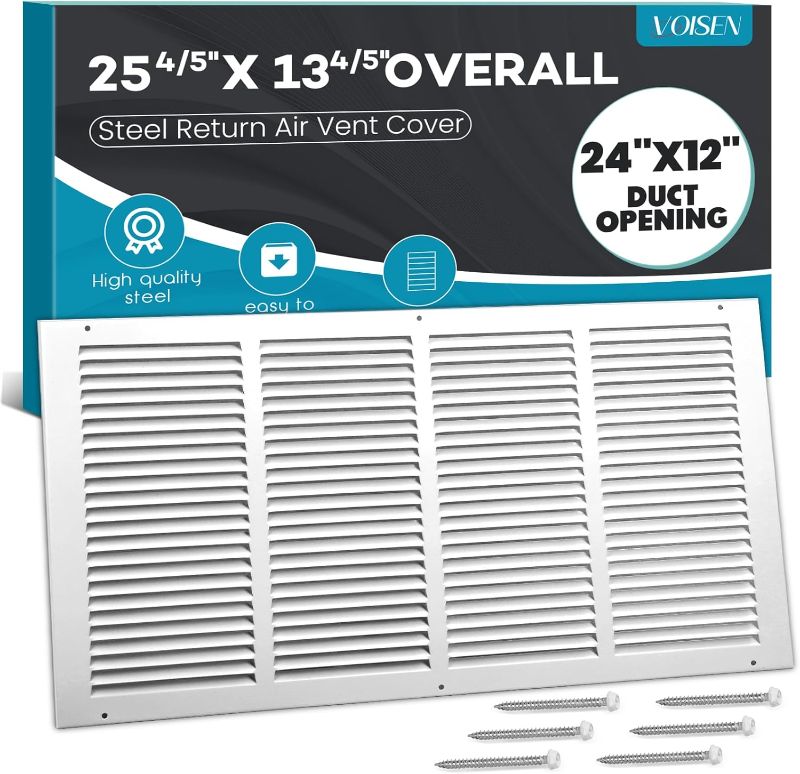 Photo 1 of VOISEN Return Air Grille,Fits 24x12 Duct Opening,Steel Return Vent Cover, White Vent Cover Grill for Sidewall and Ceiling,HAVC Cold Air Return Vent Cover,Overall Size:25.75"W X 13.75"H
