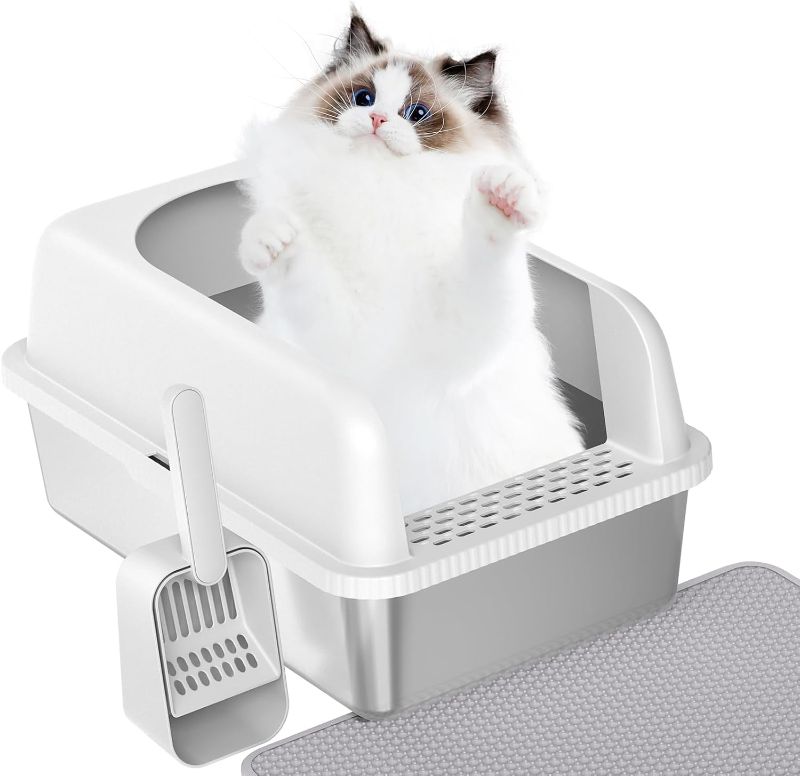 Photo 1 of Prodigen Stainless Steel Cat Litter Box with Lid High Wall Sides Enclosure, Non-Sticky, Anti-Leakage, Easy Cleaning, with Cat Mat & Metal Scoop, 19.6" L x 14" W x 12" H
