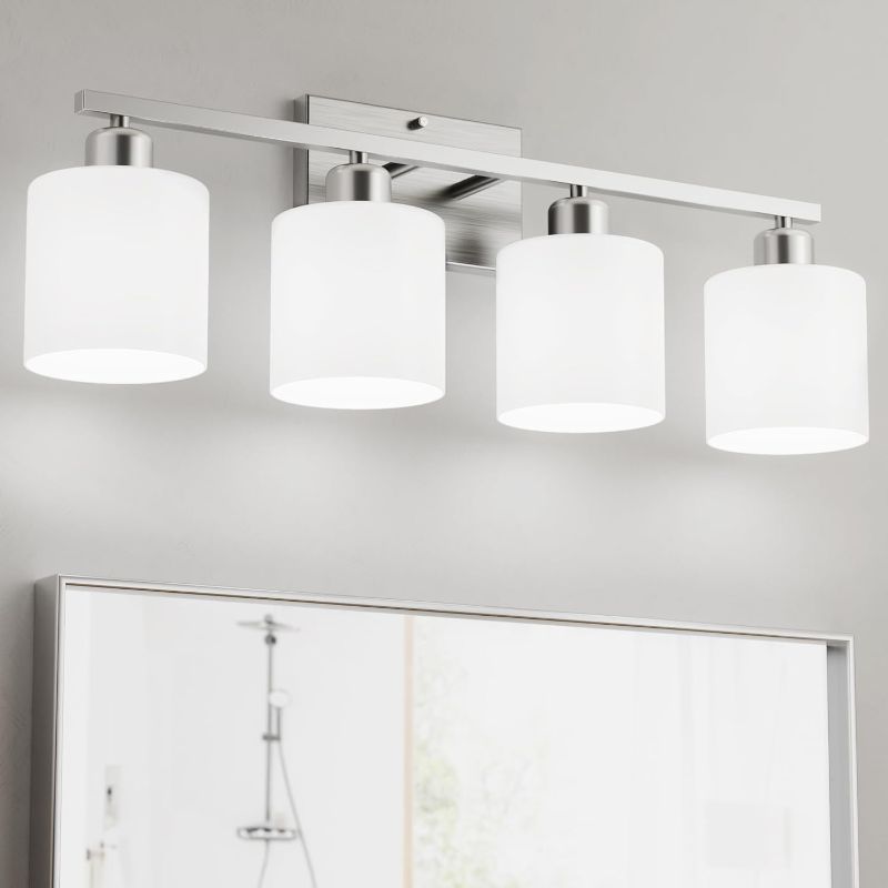 Photo 1 of Bathroom Lights Over Mirror Brushed Nickel, Anti-Rust 4-Light Bathroom Vanity Light Fixtures, Modern 24Inches Wall Sconces E26 Base, Milky White Glass Shades, Bulbs Not Included