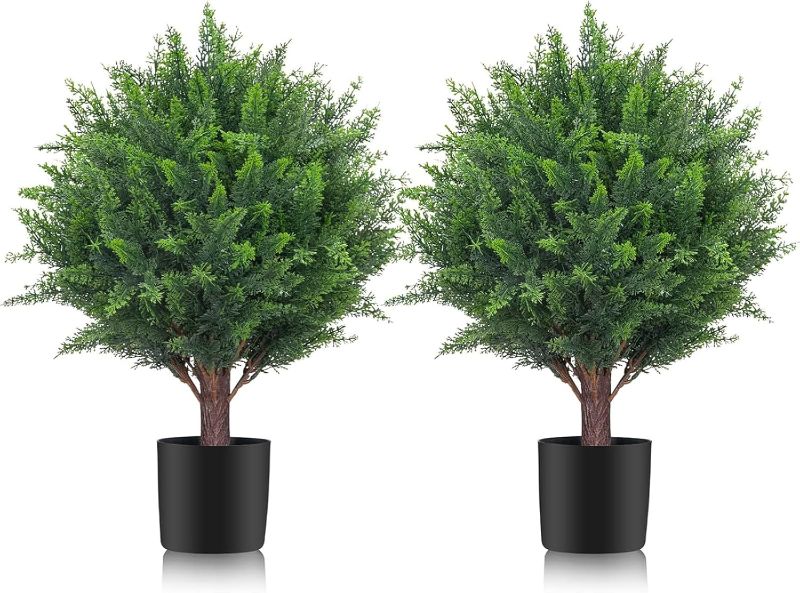 Photo 1 of 19" Artificial Cedar Topiary Ball Trees Set of 2 - UV Resistant Shrubs & Bushes Potted Plants for Outdoor Indoor Front Porch Garden
