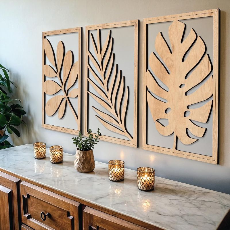 Photo 1 of qmmp Modern Wooden Wall Sculptures - Set of 3 - MDF - Oak - Home Decor Accent - Large Wall Art for Living Room, Bedroom, Office - Easy Installation (Oak, Large - Tree Leaves, Unframed)
