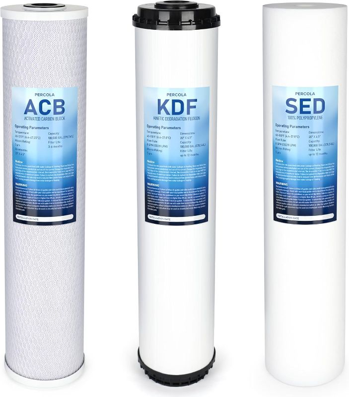 Photo 1 of 3-Stage Whole House Water Filter Set Replacement Pack with Sediment, KDF High Capacity, Carbon Block Cartridge Filters, 20 x 4.5 inch, 3 Count (Pack of 1)
