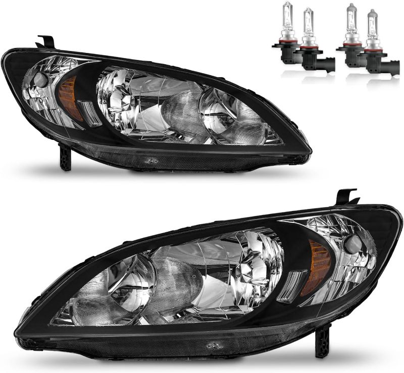 Photo 1 of Headlights Assembly for 2004-2005 Honda Civic 2/4Door Headlamp Replacement Black Housing Amber Reflector Driver & Passenger Side