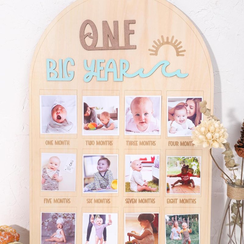 Photo 1 of The Big One surf One Year Old Photo Board - My First Year Photo Display Wood Board, Wave Theme Monthly Milestone Photo Board, the Big One 1st Birthday Decoration, 12 Months Photo Frame
