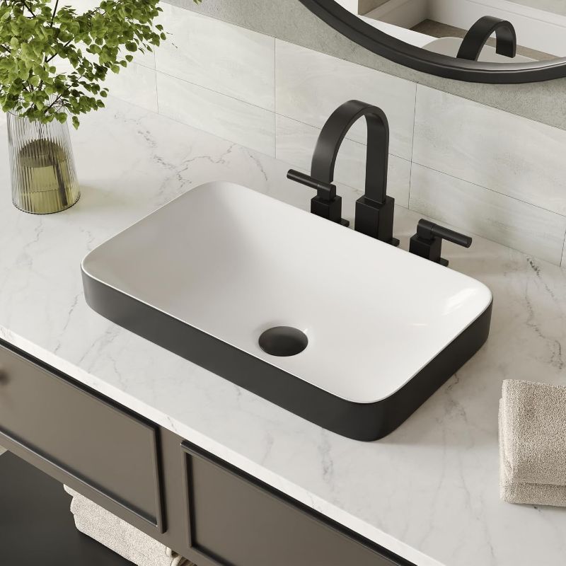Photo 1 of DeerValley Vessel Sink Rectangle, Black & White Semi Recessed Bathroom Sink, 18.9"x11.61" Modern Rectangular Top Counter Bathroom Sink Porcelain Ceramic Lavatory Sink Bowl Art Basin DV-1V0233
