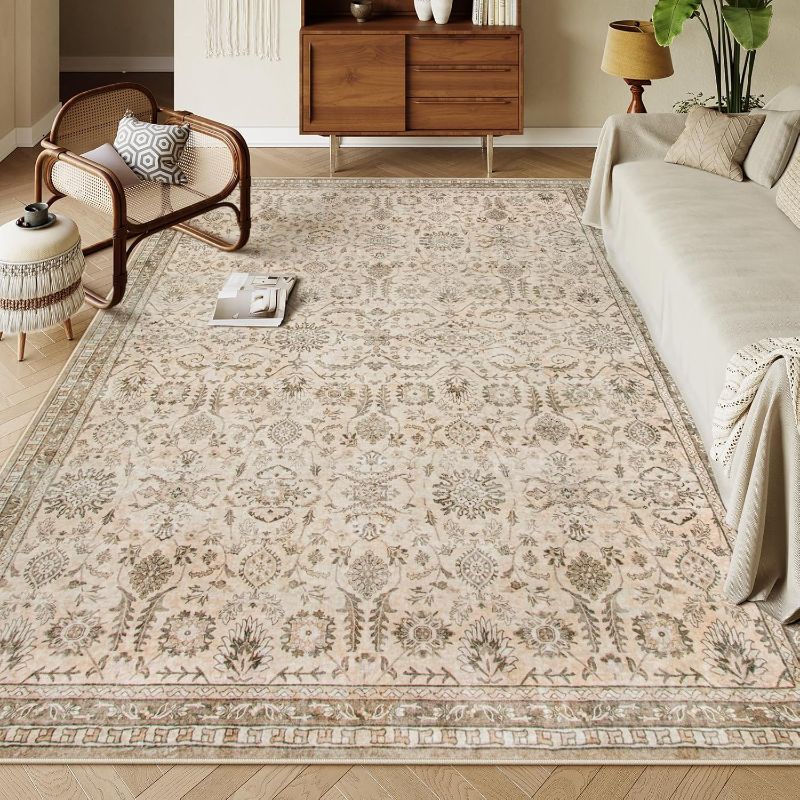 Photo 1 of Lahome Boho Beige Area Rug 8x10, Traditional Tan Floral Area Rugs for Bedroom, Machine Washable Living Room Mats, Soft Non-Slip Room Carpet for Office Apartment Nursery, Soft Amber
