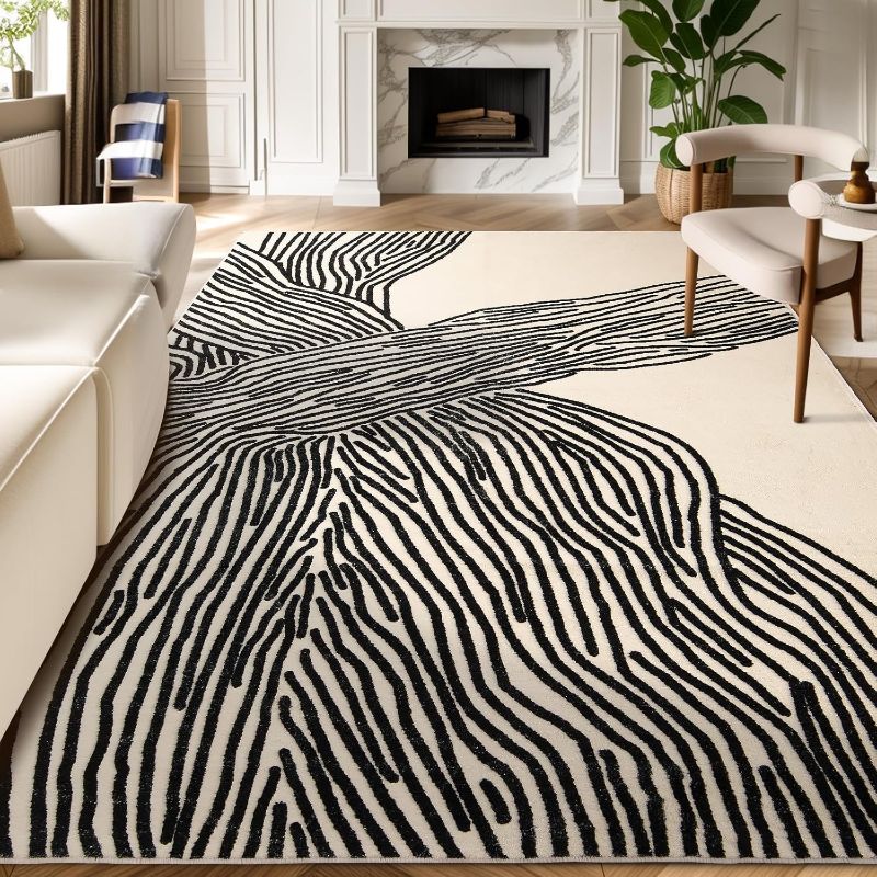 Photo 1 of YIHOUSE 5×8 Ft Area Rugs Abstract Washable Rug, Modern Black and White Rug for Bedroom Living Room Dining Room Office Playroom Nursery, Nonslip Throw Non-SheddingThin Contemporary Striped Rugs
