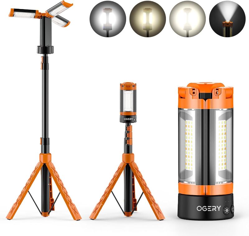 Photo 1 of OGERY Rechargeable 10000mAh Camping Light with Stand 6.5 ft Max Height, Cordless Work Light with 3 LED Lamp Heads, 2200 Lumens Camping Essentials Gear Emergency Flashlight with Detachable Tripod
