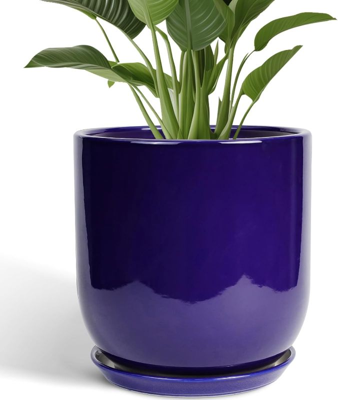 Photo 1 of Ceramic Planter - 12 Inch Pots for Plants Ceramic Plant Pot Indoor with Drainage Hole and Saucer Large Planter Flower Pot Outdoor for Home Garden Decor Blue
