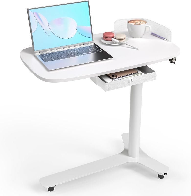 Photo 1 of Rolling Desk Adjustable Height with Drawer and Wheels, Portable Small Standing Desk Pneumatic for Home Office, Mobile Computer Laptop Cart, Medical Sofa Overbed Table, White
