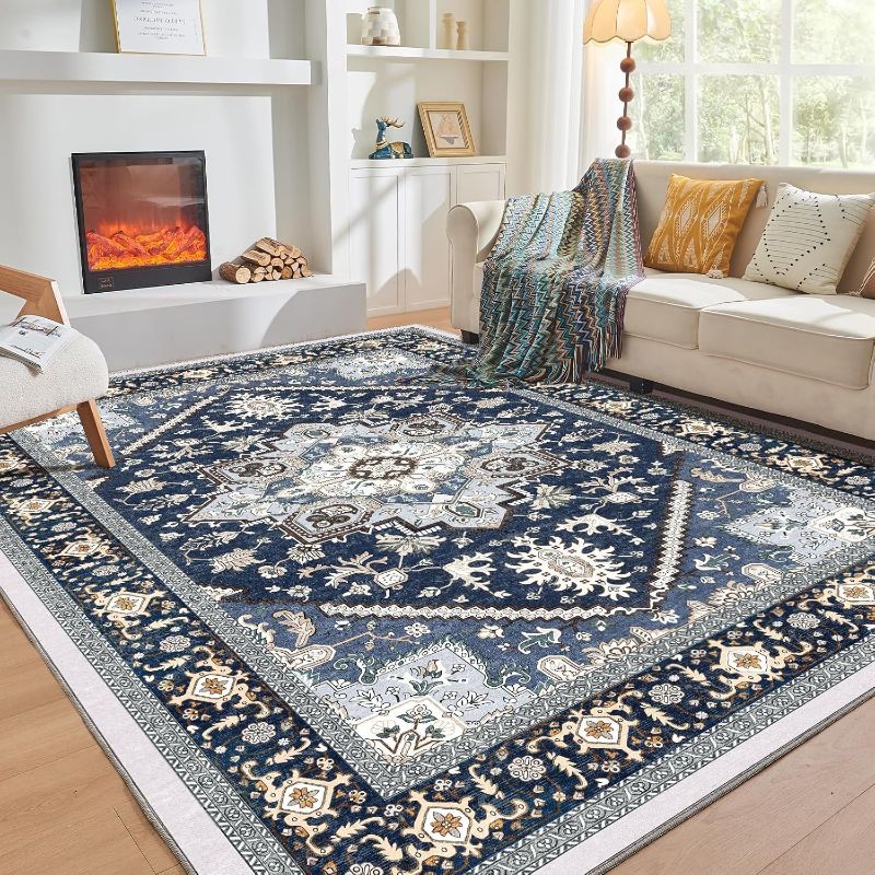 Photo 1 of OPPODREAM Soft Area Rugs 5x7, 5x7 Washable Rug with Non Slip Backing, 8X10 Faux Cashmere Low-Pile Carpet, Navy Blue & Gold