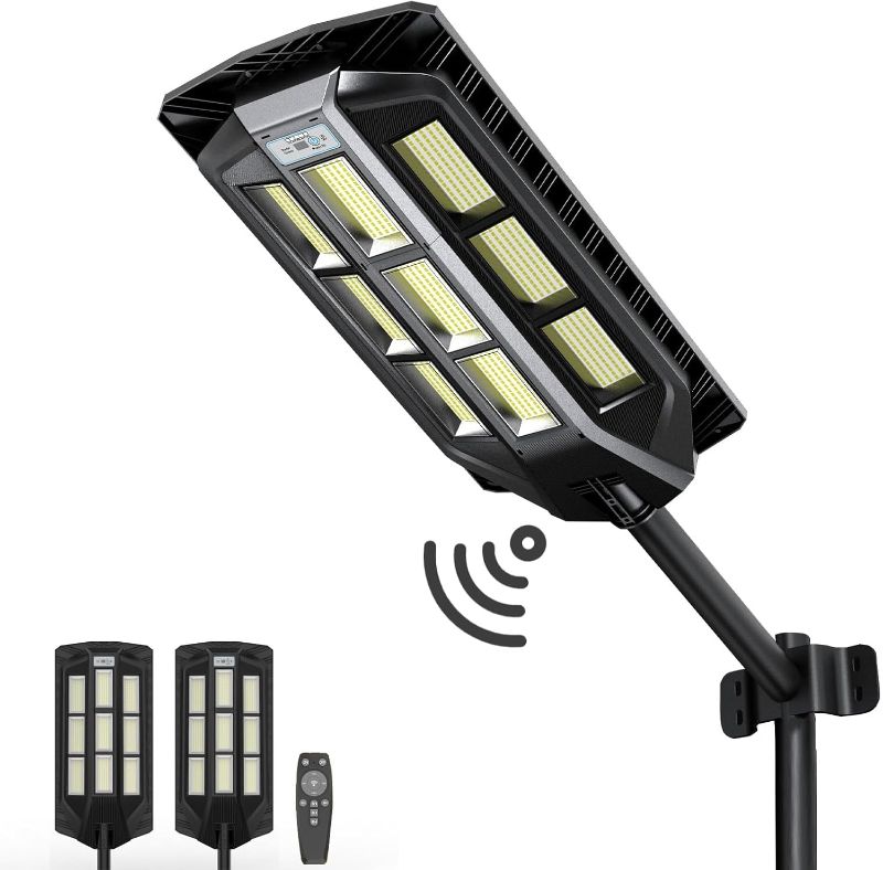 Photo 1 of 2 Pack 13000W Solar Street Light Outdoor 450000lm Dusk to Dawn IP65 Waterproof Solar Flood Lights with Remote Control, Brightness Control, Quick Charge for Streets, Garden, Yard
