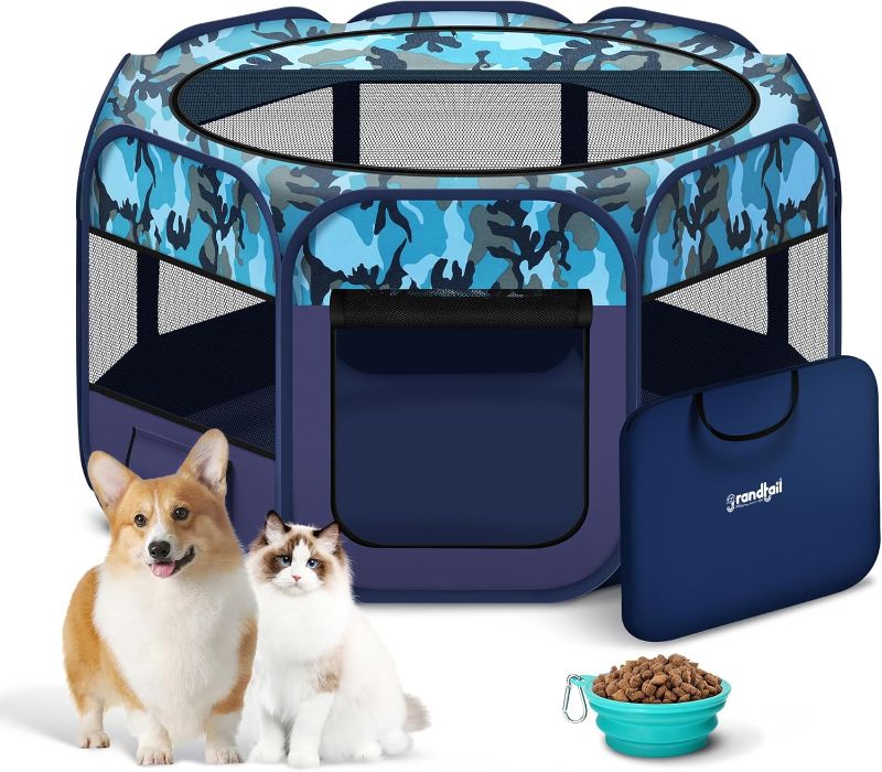 Photo 1 of Dog Playpen, Portable Pet Play Pen for Cat, Puppies, Foldable Large-Capacity Pet Playpen for Indoor/Outdoor Dog House (Blue, 55" x 30", 8)
