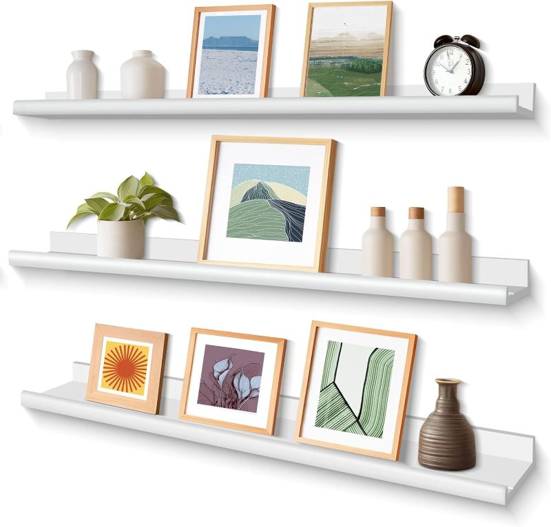 Photo 1 of Annecy Floating Shelves Set of 3, 36 Inch White Rustic Wood Shelves for Wall, Wall Storage Shelves with Guardrail Design for Bedroom, Bathroom, Kitchen, Office, 3 Different Sizes

