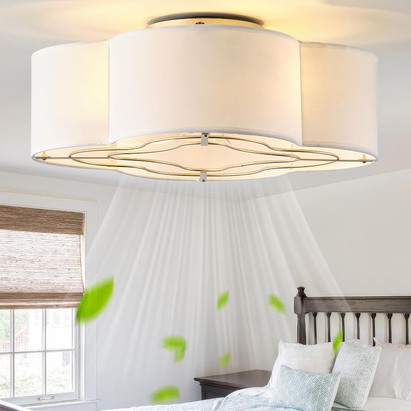 Photo 1 of Caged Ceiling Fan with Light, Rattan Flush Mount Ceiling Fans with Lights Remote Control, Low Profile Fabric Enclosed with 6 Speeds for Bedroom, Living Room, Foyer, Nursery (White)
