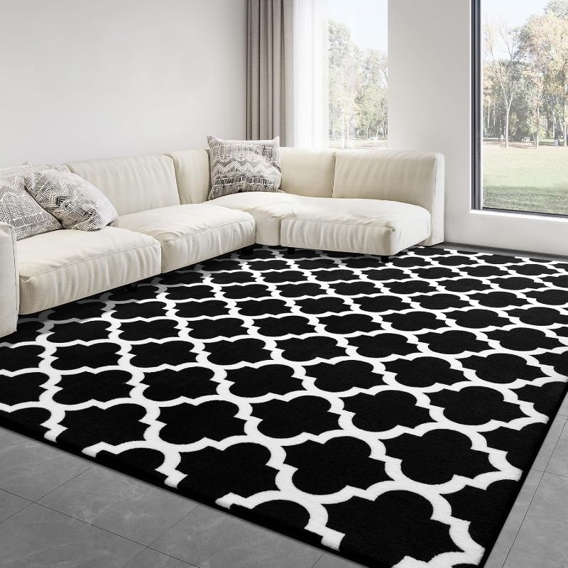 Photo 1 of Large Geometric Modern Area Rug for Living Room Bedroom, 6x9 ft Plush Moroccan Bedroom Rugs Kids Rugs for Playroom Soft Throw Carpets for Office Dining Room Decor, Black & White
