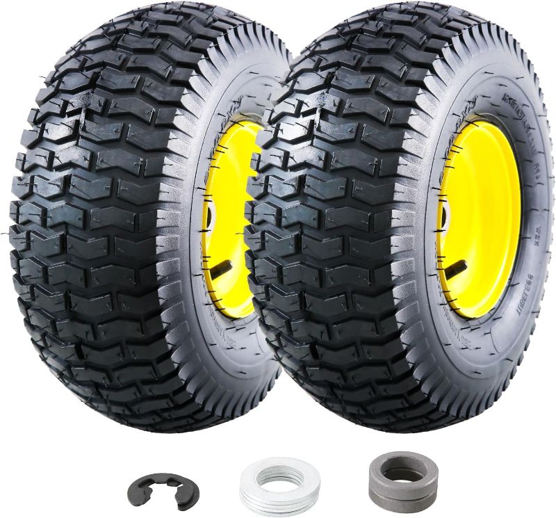 Photo 1 of MZREXN 15x6.00-6 Lawn Mower Tires and Wheel Assembly, Front Tires Replacement, Compatible with John Deere & More Riding Mowers, 4 Ply Pneumatic, 3" Offset Hub, 3/4" Bearings, Tubeless, 2PCS
