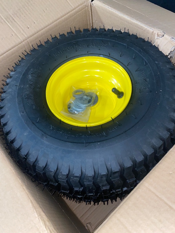Photo 1 of MZREXN 15x6.00-6 Lawn Mower Tires and Wheel Assembly, Front Tires Replacement, Compatible with John Deere & More Riding Mowers, 4 Ply Pneumatic, 3" Offset Hub, 3/4" Bearings, Tubeless, 2PCS
