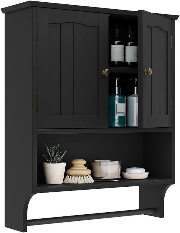Photo 1 of Smuxee Black Bathroom Cabinet Wall Mounted with Towels Bar, Medicine Cabinet with 2 Door Adjustable Shelves, Over Toilet Cabinet for Bathroom Laundry Room Kitchen
