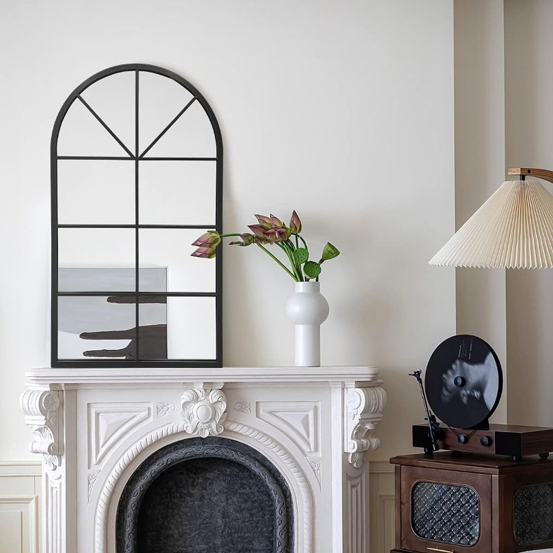 Photo 1 of TinyTimes 42"x 24" Arched Mirror, Window Wall Mirror, Vanity Mirrors, Metal Framed, Arched-Top Farmhouse Mirrors, Rustic Decorative Mirror (Black)
