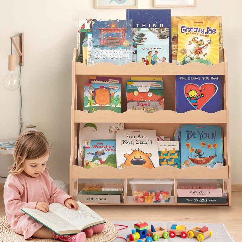 Photo 1 of Wooden Kids Bookshelf, Book Shelf for Kids Rooms w/Scalloped Edges, Durable Childrens Bookshelf with 3 Cube Bins for Books & Toys - Toddler Montessori Bookcase Nursery
