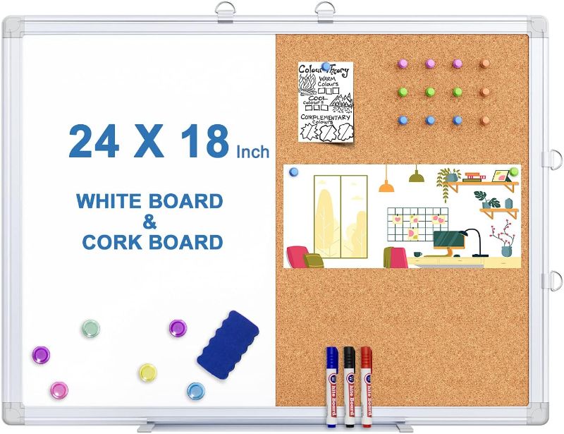 Photo 1 of Magnetic White Board and Cork Board Combo, 24 X 18 inches Whiteboard Bulletin Combination Board, Wall Mounted Dry Erase Whiteboard Push Pin Vision Board for Home, School and Office

