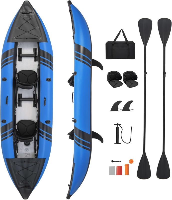 Photo 1 of S AFSTAR Inflatable Kayak, 2 Person Canoe with 507 lbs Capacity, Drop-Stitch Floor, All Accessories & Carry Bag, 12.5 ft Large Sit in Tandem Kayak for Fishing, Camping & Exploring for Adults
