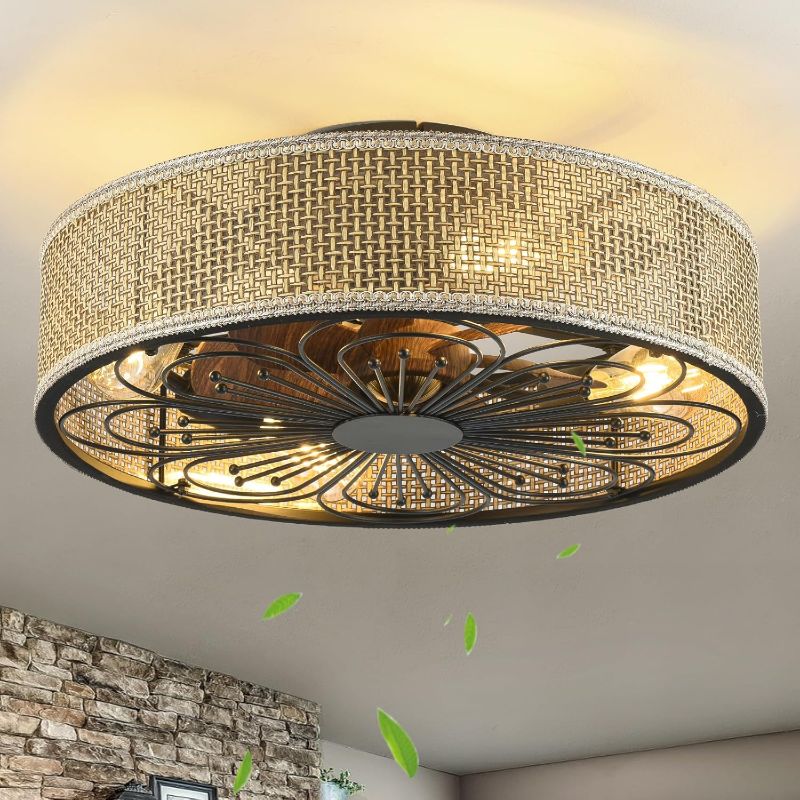 Photo 1 of Modern Boho Rattan Flush Mount Ceiling Fans with Lights and Remote Control Low Profile Bladeless Ceiling Fan Timer and 6-Speed Reversible Motor for Bedroom, Kitchen, Dining Room Include Bulbs
