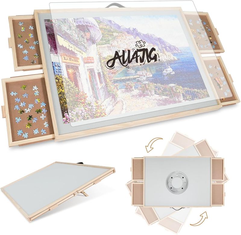 Photo 1 of 1000 Piece Rotating Puzzle Board Pro, 30" x 22" with Drawers, Rubber Cover Mat, 360° Lasy Susan, Sort-Wise Colorful Felt Drawers & 4 Trays, Wooden Jigsaw Puzzle Table, Birthday Gifts for Mom