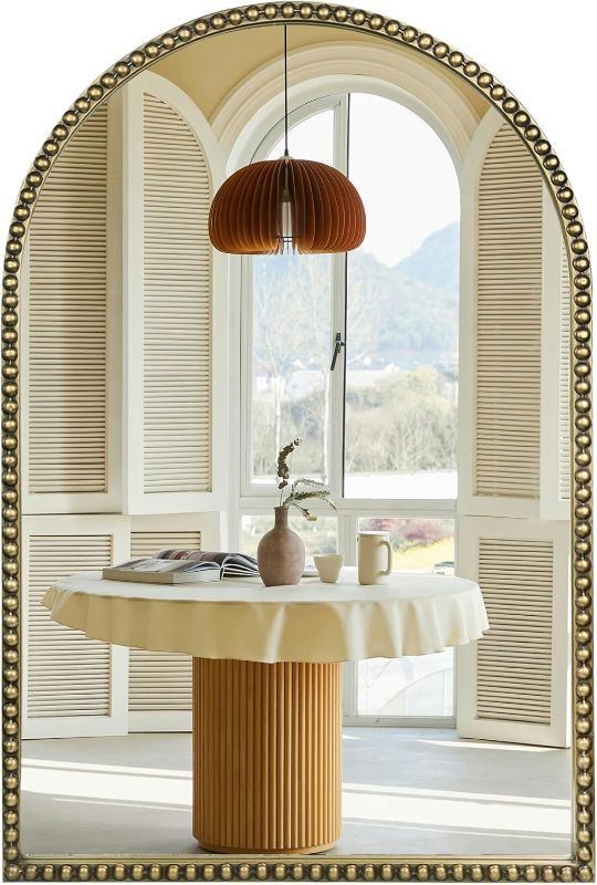 Photo 1 of Arched Wall Mirror for Bathroom, 20"x15"-Ornate Decorative Bathroom Mirror with Beaded Metal Frame - Modern Distressed Hanging Wall Decor for Bedroom/Living Room/Entryway-Antique Gold Mirror
