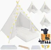Photo 1 of 4 Teepee Tent for Kids, Sleepovers Tent for Kids, Inflatable Airbed with Mattresses,Star Lights, Fitted Sheet,Charging Pump, Birthday Slumber Party Girls Boys
