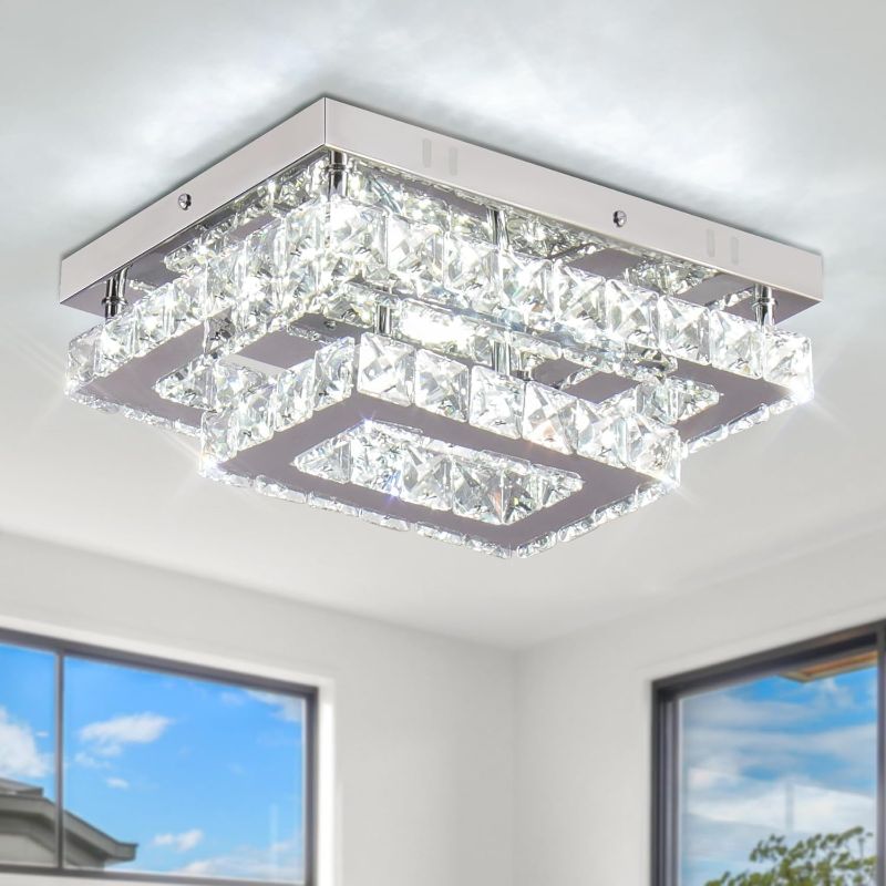 Photo 1 of Finktonglan LED Crystal Ceiling Light Modern Flush Mount Rectangular Lamp K9 Stainless Steel Ceiling Lights Fixture Chandelier for Living Room Bedroom Dining Room (Cool White)

