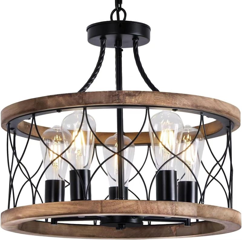 Photo 1 of 5-Light Solid Wood Farmhouse Chandelier for Dining Room,18" Rustic Wooden Semi Flush Mount Ceiling Light Fixtures with Retro Linear Frame for Living Room, Kitchen, Entryway
