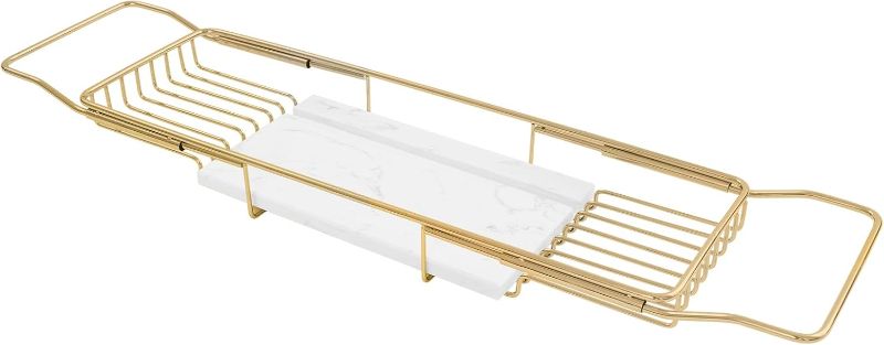 Photo 1 of Expandable Bathtub Tray Caddy for Luxury Bath, Extra Wide Acrylic Tub Tray with Natural Marble Board, Waterproof Bath Tub Shelf for Phone, Wine, Book, Tablet Stand - Ideal Home Spa (Gold, White)
