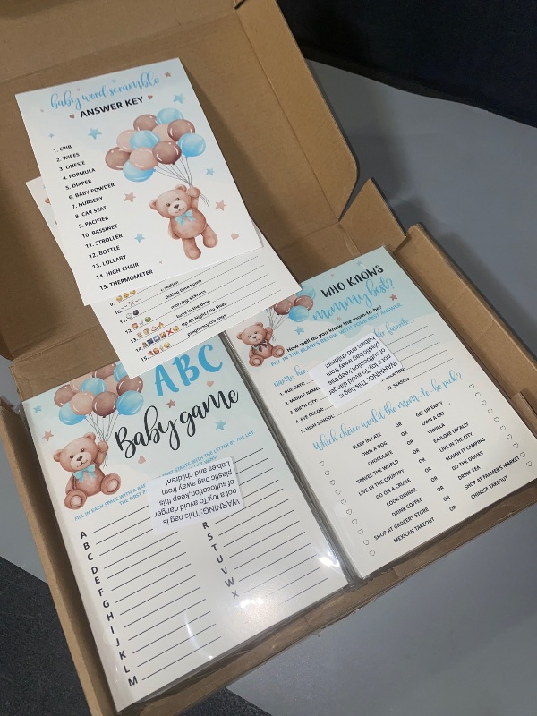 Photo 1 of Sinasasspel 302pcs Teddy Bear Baby Shower Game Set Pack of 6 Activities for 50 Guests Includes Baby Shower Bingo, Baby ABC, Baby Word Scramble and More, Each 5x7 Inches