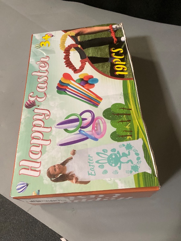 Photo 1 of 4 Players Easter Outdoor Party Games for Kids and Family - Potato Sack Race Jumping Bags, Legged Relay Race Bands, Egg and Spoon Race and Inflatable Bunny Ring Toss Games - Easter Party Supplies