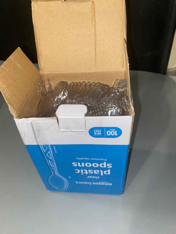 Photo 1 of Amazon Basics Disposable Clear Plastic Spoons, Premium Quality, 100 Count, Large Pack