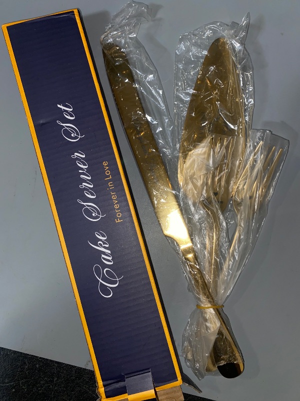 Photo 1 of Wedding Cake Knife and Server Set, Gold Cake Cutting Set for Wedding, 4 Pieces Set with Forks for Engagements, Anniversaries, Bride and Groom