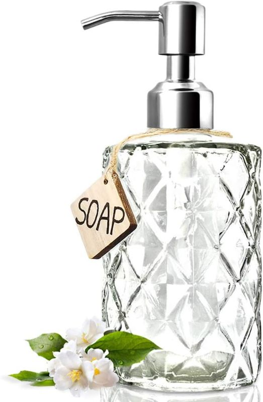 Photo 1 of JASAI Diamond Design 12 Oz Glass Soap Dispenser, Kitchen soap Dispenser with 304 Rust Proof Stainless Steel Pump, Bathroom Soap Dispenser for Hand Soap, Soap, Lotion(Clear).