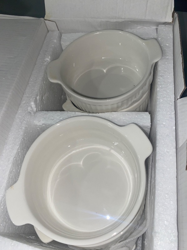 Photo 1 of Delling Ramekins with Handle, 6 PACK Soup Bowls for French Onion Soup, Pot Pie, Lava Cakes, Creme Brulee, 6 Oz Porcelain Souffle Dish for Baking, White
