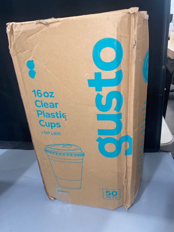 Photo 1 of GUSTO Clear Plastic Cups with Lids [16 oz - 50 Count] - Disposable Iced Coffee Drink Cups with Strawless Sip Lids for Smoothies, Juices, and More - Formerly Comfy Package