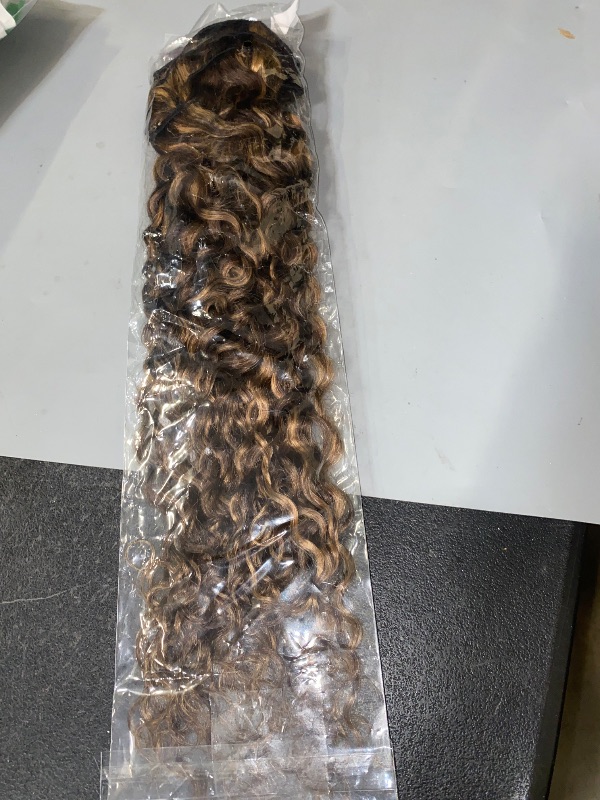 Photo 1 of Urbeauty Curly Clip in Extensions Remy Human Hair Brown Highlight Blonde Natural Wavy Hair Extensions 20 Inch 120g Triple Weft Clip in Hair Extensions Full Head Kinky Curly Human Hair 4/27 Color